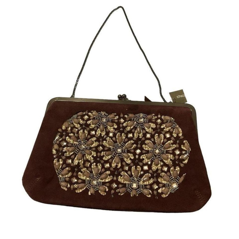 CHICO'S Redwood Suede Leather Jeweled Beaded Frame Clutch Bag